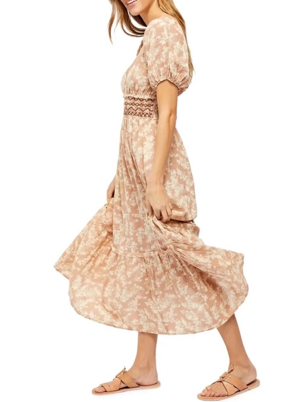 FREE PEOPLE "Ellie" Cream/Tan Floral Boho Puff Sleeve Maxi Dress, Size S, EUC - Picture 2 of 13